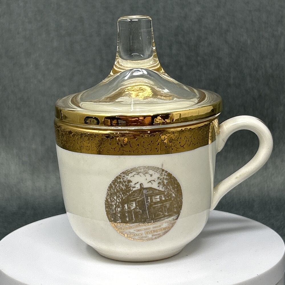Vintage Sabin Crest O Gold Eisenhower Boyhood Home Ceramic Child Cup Glass Lid